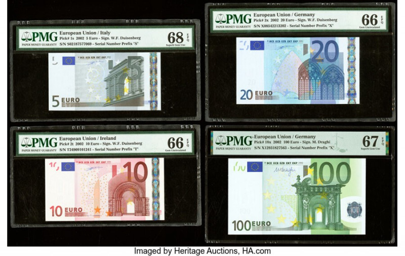 European Union Central Bank, 5; 10; 20; 100 Euro 2002 Pick 1s; 2t; 3x; 18x Four ...