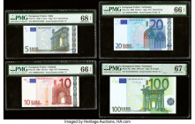 European Union Central Bank, 5; 10; 20; 100 Euro 2002 Pick 1s; 2t; 3x; 18x Four Examples PMG Superb Gem Unc 68 EPQ; Gem Uncirculated 66 EPQ (2); Super...