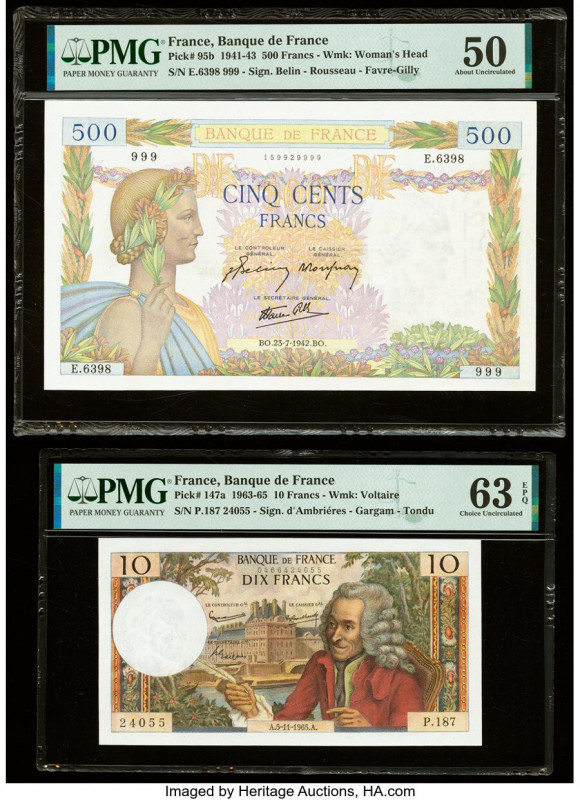 France Banque de France 500; 10 Francs 23.7.1942; 5.11.1965 Pick 95b; 147a Two E...