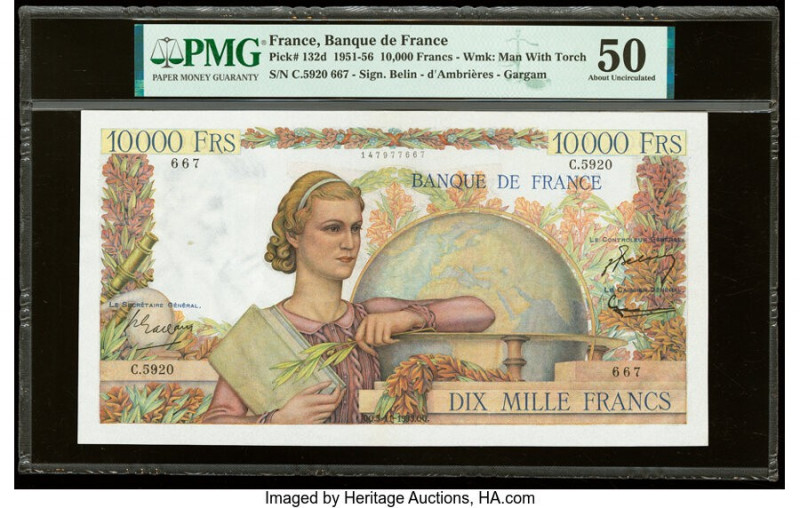France Banque de France 10,000 Francs 5.11.1953 Pick 132d PMG About Uncirculated...