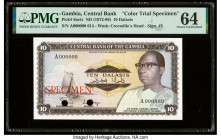 Gambia Central Bank of the Gambia 10 Dalasis ND (1972-86) Pick 6acts Color Trial Specimen PMG Choice Uncirculated 64. Red Specimen overprints, two POC...