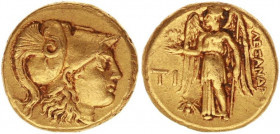 Alexander III 'the Great' (336-323 BC). GOLD Stater.
KINGS OF MACEDON. 
Alexander III ‘the Great’, 336-323 BC. Stater, Sardes, struck under Menander o...