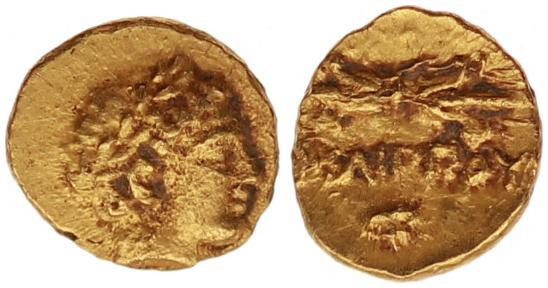 Philip II (359-336 BC). GOLD 1/12 Stater.
Obv: Laureate head of Apollo right.
Re...