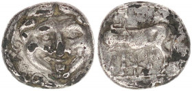 Parion. 4th century BC. AR Hemidrachm .
MYSIA, Parion. 4th century BC. AR Hemidrachm . 
Gorgoneion / ΠA–PI, bull standing left, head right; six-pointe...