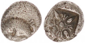 Ionia, Miletos. Late 6th-early 5th century B.C. AR Obol.
Forepart of lion left, head right / Stellate and floral design within incuse square. SNG Cop ...