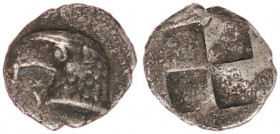 Aeolis, Kyme AR Hemiobol. Circa 450-400 BC.
Aeolis, Kyme AR Hemiobol. Circa 450-400 BC. Head of eagle to left; KY to left / Quadripartite incuse squar...