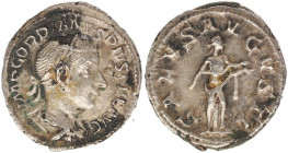 Gordian III. AD 238-244. Rome. Denarius. AR .FUR.
IMP GORDIANVS PIVS FEL AVG,
 laureate, draped and cuirassed bust right / SALVS AVGVSTI, Salus standi...