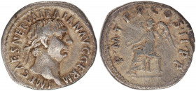 TRAIANUS AD 98-117. AR Denarius .
Head with Lkr.no IMP CAES NERVA TRAIAN AVG GERM /
PMTR P COS II PP Viktoria sits to the left, holding palm branch an...