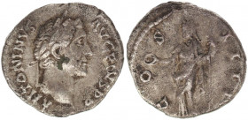 Antoninus Pius AR Denarius. Rome.
AD 145-161 ANTONINVS AVG PIVS P P, 
laureate head right / COS IIII, Concordia standing left, 
holding patera and sce...