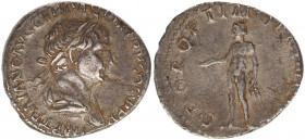 Trajan, 98-117. Denarius (17,4 mm, 2,81 g,), Rome, 113-114.
IMP TRAIANO AVG GER DAC P M TR P COS VI P P.
Laureate, draped and cuirassed bust of Trajan...