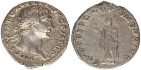Trajan, 98-117 Denarius 103-111, AR (3.09g.,17,9mm).
IMP TRAIANO AVG – GER DAC P M TR P Laureate head r., drapery on far shoulder. Rev. COS V P P S P ...