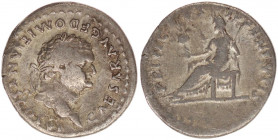 DOMITIANUS (81 - 96 n. Chr.). Denar. 80 n. Chr. (unter Titus). Rom.
Vs: CAESAR AVG F DOMITIANVS COS VII. Kopf mit Lorbeerkranz rechts.
Rs: PRINCEPS - ...