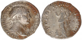 Trajan (AD 98-117). Silver denarius (2.52 g.,17,6mm).
AD 103-111. IMP TRAIANO AVG GER DAC P M TR P COS V P P, laureate bust right, wearing aegis on fa...