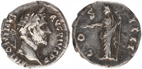 Antoninus Pius. A.D. 138-161. AR denarius (16,9 mm, 2.58 g,).
Rome mint, Struck A.D. 145-147. ANTONINVS AVG PIVS P P, laureate head right / COS IIII, ...