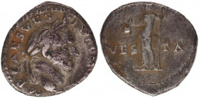 VESPASIAN (69-79). Denarius. Rome.(2,92g.,17,8mm).
Obv: IMP CAES VESP AVG P M COS IIII.
Laureate head right.
Rev: VESTA.
Vesta standing left, holding ...