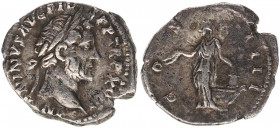 ANTONINUS PIUS (138-161). Denarius. Rome.
Obv: ANTONINVS AVG PIVS P P TR P XII.
Laureate and draped bust right.
Rev: COS IIII.
Annona standing left, h...