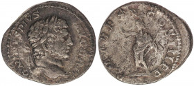Caracalla (198/211-217) Denar 212 Rom.
Av.: ANTONINVS PIVS AVG BRIT, belorbeerter Kopf nach rechts. 
Rv.: PM TRP XV COS III PP, Serapis steht mit Polo...