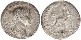 Trajan AR Denarius. Rome, AD 114-117.
IMP CAES NER TRAIAN OPTIM AVG GERM DAC, laureate and draped bust right / PARTHICO P M TR P COS VI P P S P Q R, S...