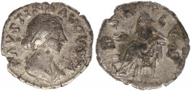 Faustina Junior AR Denarius. Rome, AD 161-164.
Diademed and draped bust right / Salus seated left, feeding from patera serpent arising from altar. RIC...