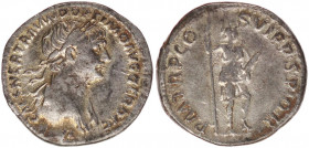 Trajan (AD 98-117). AR Denarius.
Rome, AD 114-117. IMP CAES NER TRAIANO OPTIMO AVG GER DAC, laureate head of Trajan right, large aegis on left shoulde...