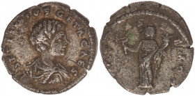 Geta as Caesar (AD 198-209). Silver denarius (2,51 g.,17,5mm). Ca. 198-199.
L SEPTIMIVS — GETA CAES, draped bust right / FELICITA—S TEMPOR, Felicitas ...