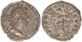 Marcus Aurelius-161-180 als Augustus 161-180. Denar AR.
Rom 166. Av.: M ANTONINVS AVG ARM PARTH MAX, belorbeerte Büste rechts. Rv.: TRP XX IMP III COS...