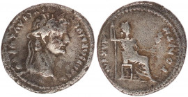 Tiberius AD 14-37. LugdunumDenar AR.
TI CAESAR DIVI AVG F AVGVSTVS, laureate bust right / PONTIF MAXIM, Livia (as Pax) seated right on throne with orn...