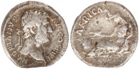 Hadrian AR Denarius. Rome, AD 136.
HADRIANVS AVG COS III P P, laureate head right / AFRICA, Africa reclining left holding scorpion and cornucopiae, ba...
