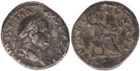Vespasianus (69-79 AD). AR Denarius (18,7 mm, 2.70 g).Roma (Rome), 74 AD.
Obv. IMP CAESAR VESP AVG, laureate head right.
Rev. PON MAX TR P COS V, Vesp...