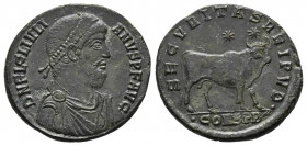 Julianus II. Apostata, 360-363.Æ-Doppelmaiorina, 361/363, Constantinopolis.
2. Offizin; 8 g. Drapierte Büste r. mit Perldiadem//Stier steht r., darübe...