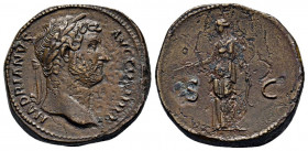 Hadrianus, 117-138.Æ-Sesterz, 134/138.
Rom; 30,34 g. Kopf r. mit Lorbeerkranz//Diana steht l. mit Pfeil und Bogen. BMC 1545; Coh. 1364; RIC 777. Braun...
