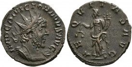 Victorinus (269-271).AE-Antoninianus (2,49 g).
Colonia Agrippina (Köln), 269 n. Chr. Büste mit Strahlenkrone, Kürass und leichter Drapierung an linker...