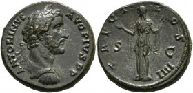 Antoninus Pius (138-161).As (13,42 g), Roma.
145-161 n. Chr. Büste mit Lorbeerkranz und Kürass / Aeternitas mit erhobener Hand und Schal. RIC III 832v...
