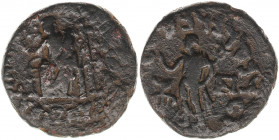 INDO-SKYTHIANS. Azes. Circa 58-12 BC. Æ Unit (25mm, 11.5 g, 2h). Deity seated slightly left, raising arm and holding cornucopia; Shi to left / Hermes ...