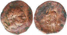 BAKTRIA, Greco-Baktrian Kingdom. Demetrios I Aniketos. Circa 200-185 BC. Æ Dichalkon (21mm, 5.9 g, 10h). Draped bust of bearded Herakles right, wearin...