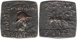 BAKTRIA, Greco-Baktrian Kingdom. Eukratides I Megas. Circa 170-145 BC. Æ (22mm, 7.4 g, 12h). Diademed, draped, and cuirassed bust right, wearing crest...