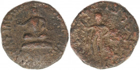 INDO-SKYTHIANS. Azes. Circa 58-12 BC. Æ (25mm, 10.1 g, 4h). Azes seated on cushion, with legs crossed, raising hand and holding sword; ja in Kharosthi...