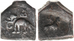 INDIA;Post-Mauryan, Taxila (local coinage), Circa. 185-160 BC,( 18x16mm, 11.9 g) Copper Karshapana Punch-mark with lion to left, hill, taurine and sva...