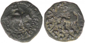 INDO-SKYTHIANS. Azes. Circa 58-12 BC. Æ Quarter Unit (17mm, 3.2 g, 12h). Bull standing right; monogram above / Lion standing right; monogram above. Se...