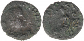 INDIA, Kushan Empire. Kujula Kadphises. Ca. A.D. 30-80. Æ drachm (13 mm, 3.2 g). Laureate head right in Roman emperor style, with blundered Greek lege...