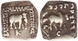 BAKTRIA, Greco-Baktrian Kingdom. Apollodotos I Soter. Circa 180-160 BC. AR Drachm (16mm, 2.2 g, 12h). Square module. Elephant standing right; (PK) mon...