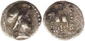 BAKTRIA, Greco-Baktrian Kingdom. Eukratides I Megas. Circa 170-145 BC. AR Obol (11mm, 0.6 g, 12h). Diademed and draped bust right, wearing crested hel...
