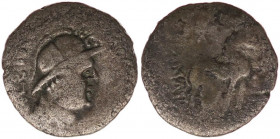 YUEH-CHI. Sapadbizes. Late 1st century BC. AR Hemidrachm (15mm, 1.1 g, 12h). Draped bust right, wearking Baktrian-style helmet / Lion standing right; ...