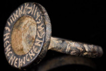 Byzantine seal ring with long script around the bezel
Ca. 1200 AD Very interesting Byzantine seal ring with long script around the bezel.
Size: D: 19...