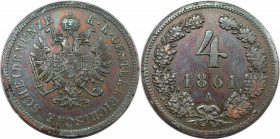 RDR – Habsburg – Österreich, RÖMISCH-DEUTSCHES REICH. Franz Joseph I. (1848-1916). 4 Kreuzer 1861 A, Wien. Kupfer. Vorzüglich