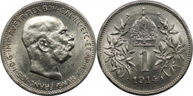 RDR – Habsburg – Österreich, RÖMISCH-DEUTSCHES REICH. Franz Joseph I. (1848-1916). 1 Krone 1914. 5,0 g. 0.835 Silber. 0.13 OZ. KM 2820. Stempelglanz...