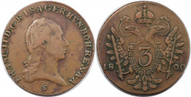 RDR – Habsburg – Österreich, RÖMISCH-DEUTSCHES REICH. Franz II. 3 Kreuzer 1800 S. Kupfer. Vorzüglich