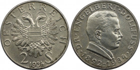 RDR – Habsburg – Österreich, REPUBLIK ÖSTERREICH. Engelbert Dollfuß. 2 Schilling 1934. Silber. KM 2852. Fast Vorzüglich