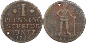 Altdeutsche Münzen und Medaillen, BRAUNSCHWEIG - WOLFENBÜTTEL. 1 Pfennig 1726 EPH, Kupfer. KM 778. Sehr Schön. Loch