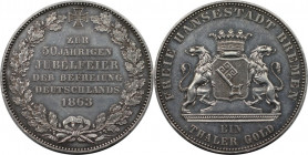Altdeutsche Münzen und Medaillen, BREMEN - STADT. 50 Jahrfeier der Befreiung Deutschlands. Taler 1863, Silber. AKS 14. Stempelglanz